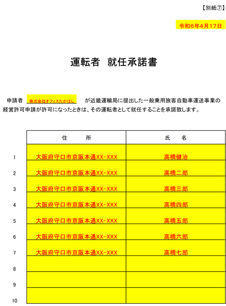 都市型ハイヤー許可の運転者就任承諾書